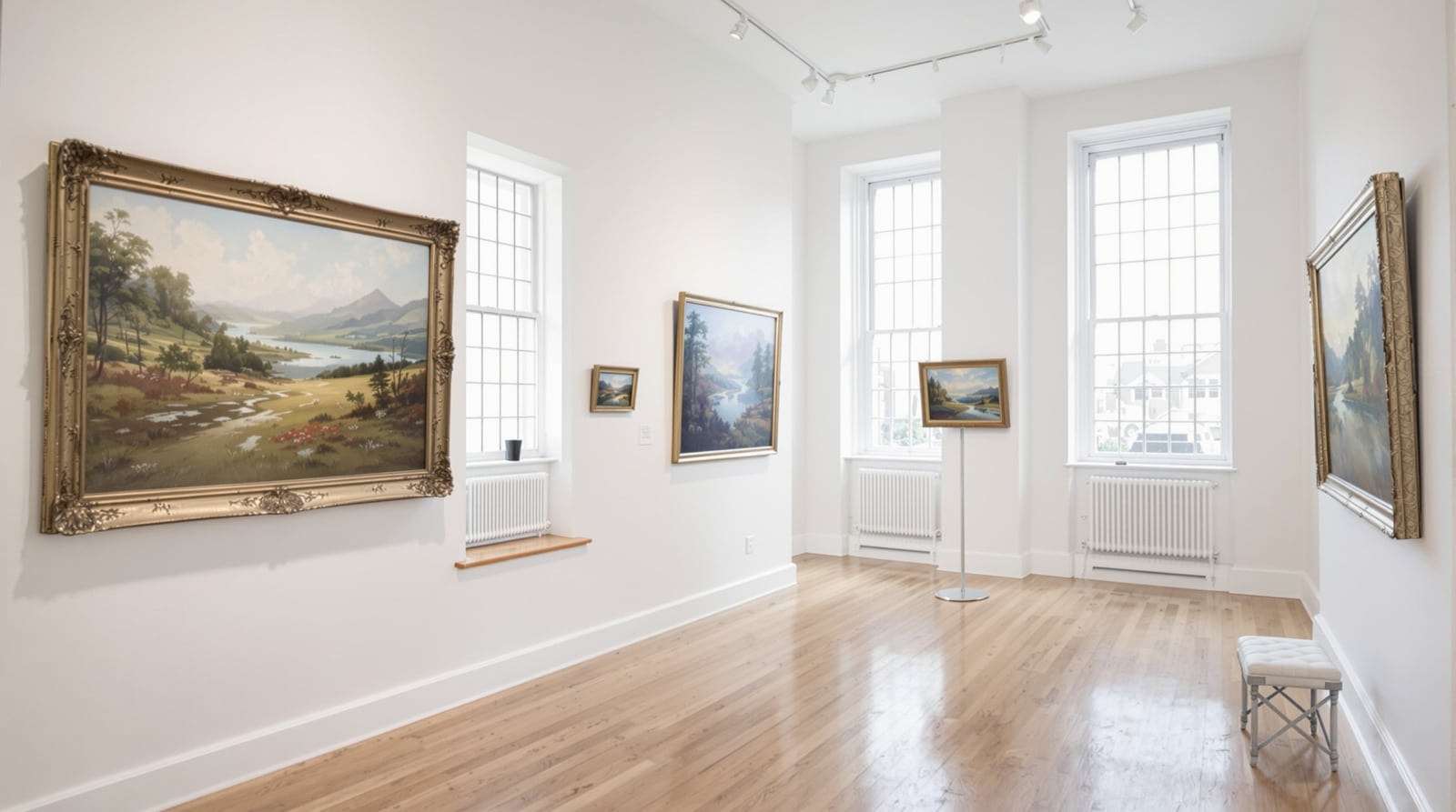 Interior of a small regional arts centre gallery with white walls, wooden floor and framed landscape paintings