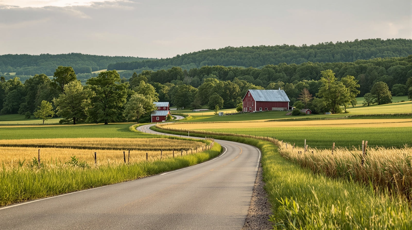 A quiet unpaved Vermont back road curving between hayfields with a weathered red barn beyond