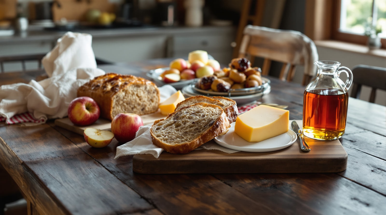 A farmhouse table laid with bread, cheddar, apples and a jug of maple syrup in morning light