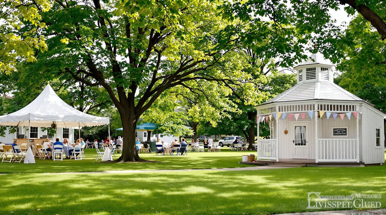 A New England village green in summer with a white wooden bandstand and canvas tents set out for a community gathering