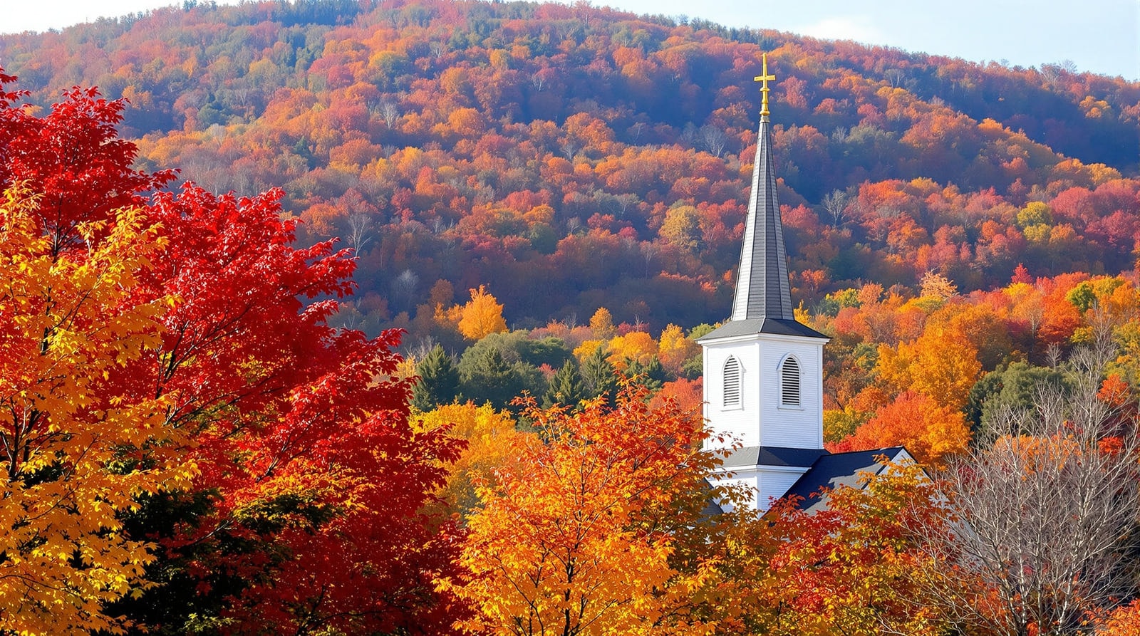 Peak autumn foliage in a Vermont valley with brilliant scarlet maples around a white church steeple