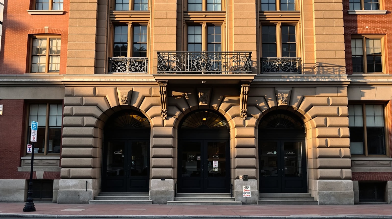 Facade of a nineteenth-century granite civic building with an arched stone entrance and ornamental iron balcony