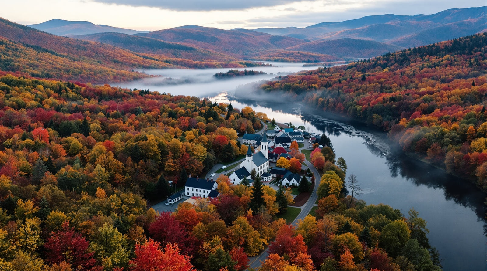 A Central Vermont river valley in early October, a white-steepled village among forested hills turning red and gold