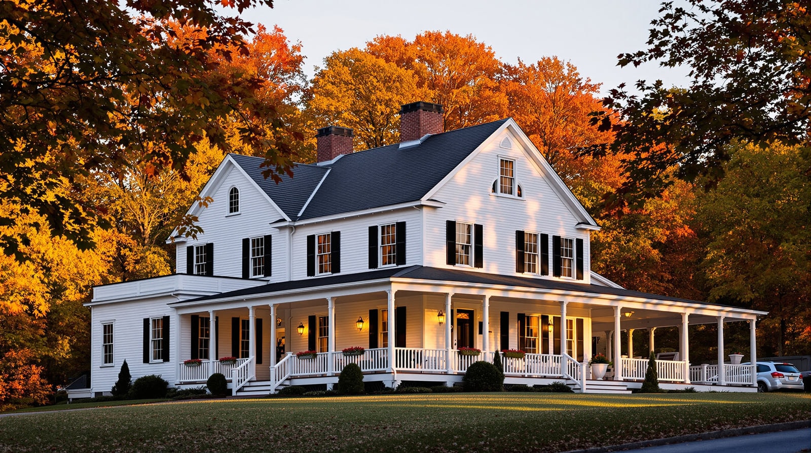 A white clapboard New England country inn with black shutters and a wide porch among maples in late autumn