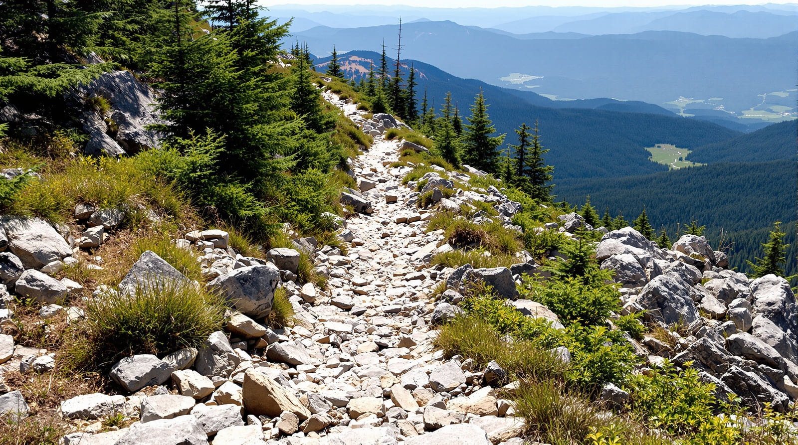 A rocky footpath climbing a Green Mountain ridge above the treeline with layered forested valleys beyond