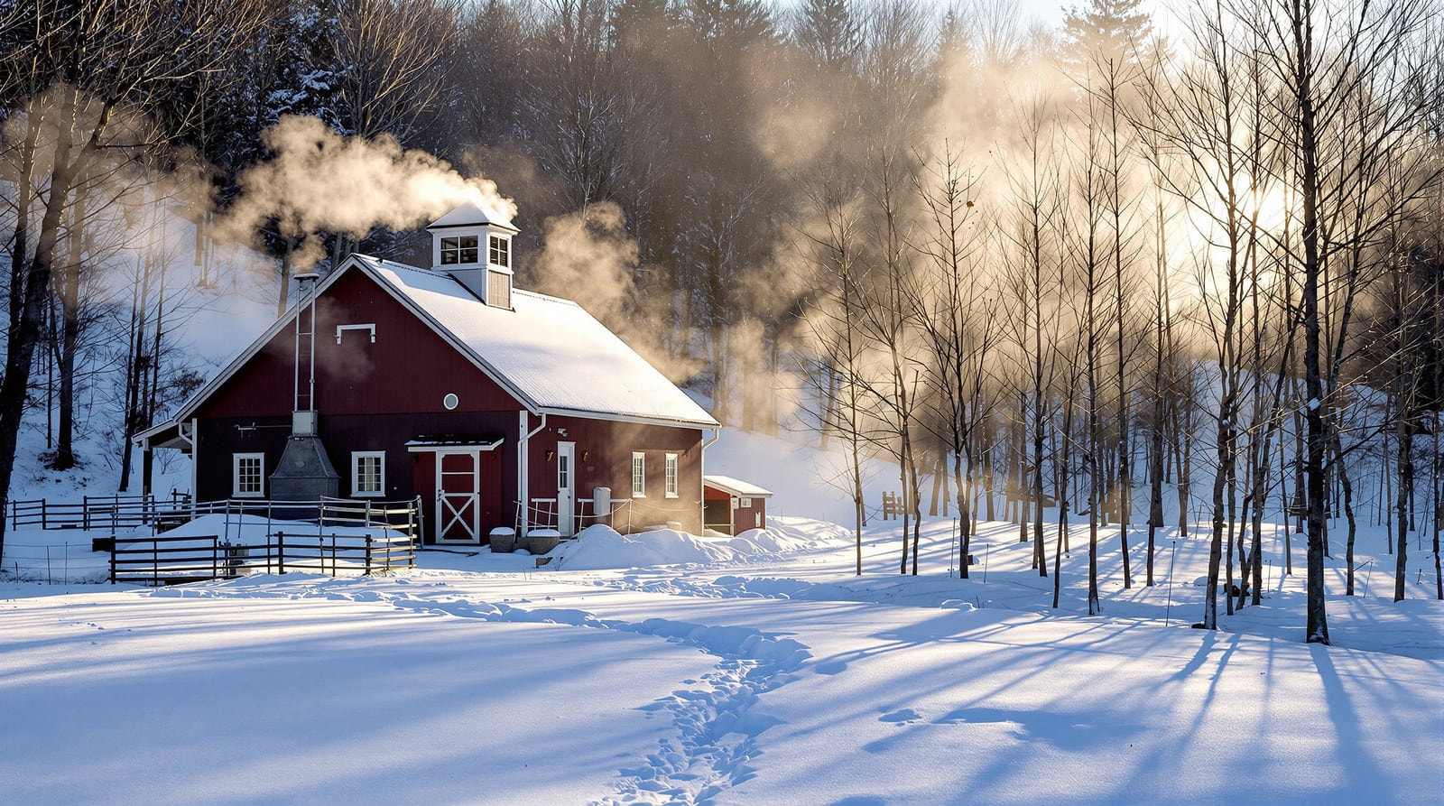 A Vermont maple sugarhouse in early spring with steam billowing from the roof cupola over deep snow