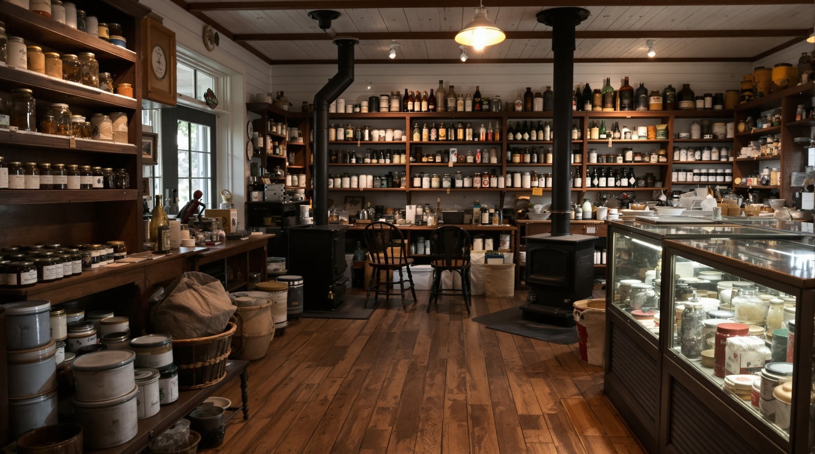 Interior of an old Vermont general store with worn floorboards, tall shelves of jars and tins and a glass counter