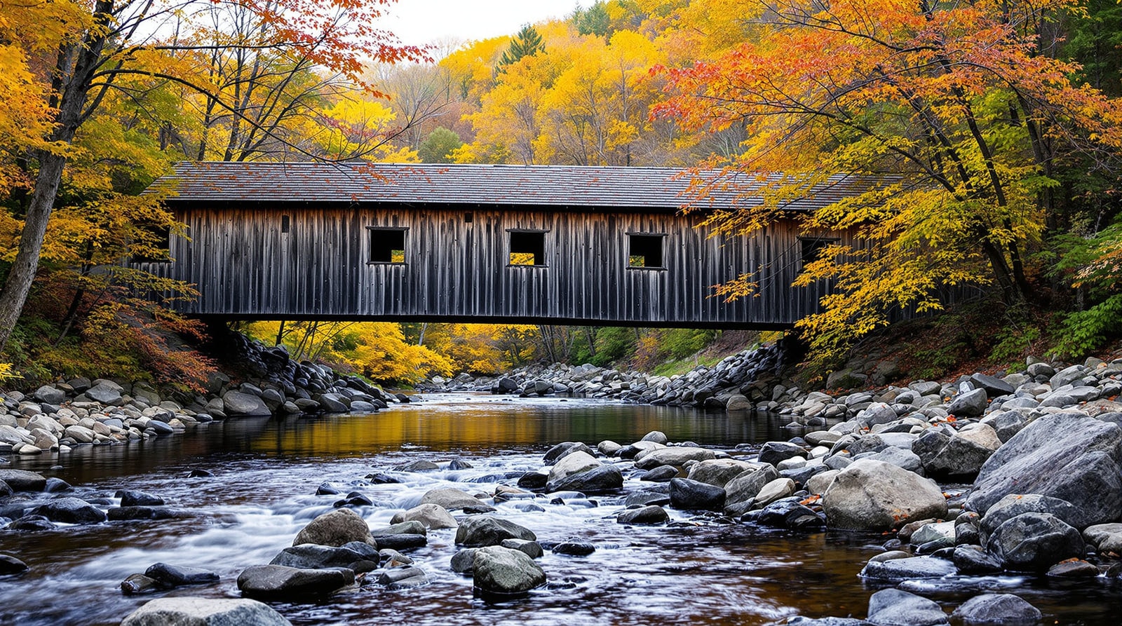A weathered wooden covered bridge crossing a rocky Vermont river with autumn hardwoods on both banks
