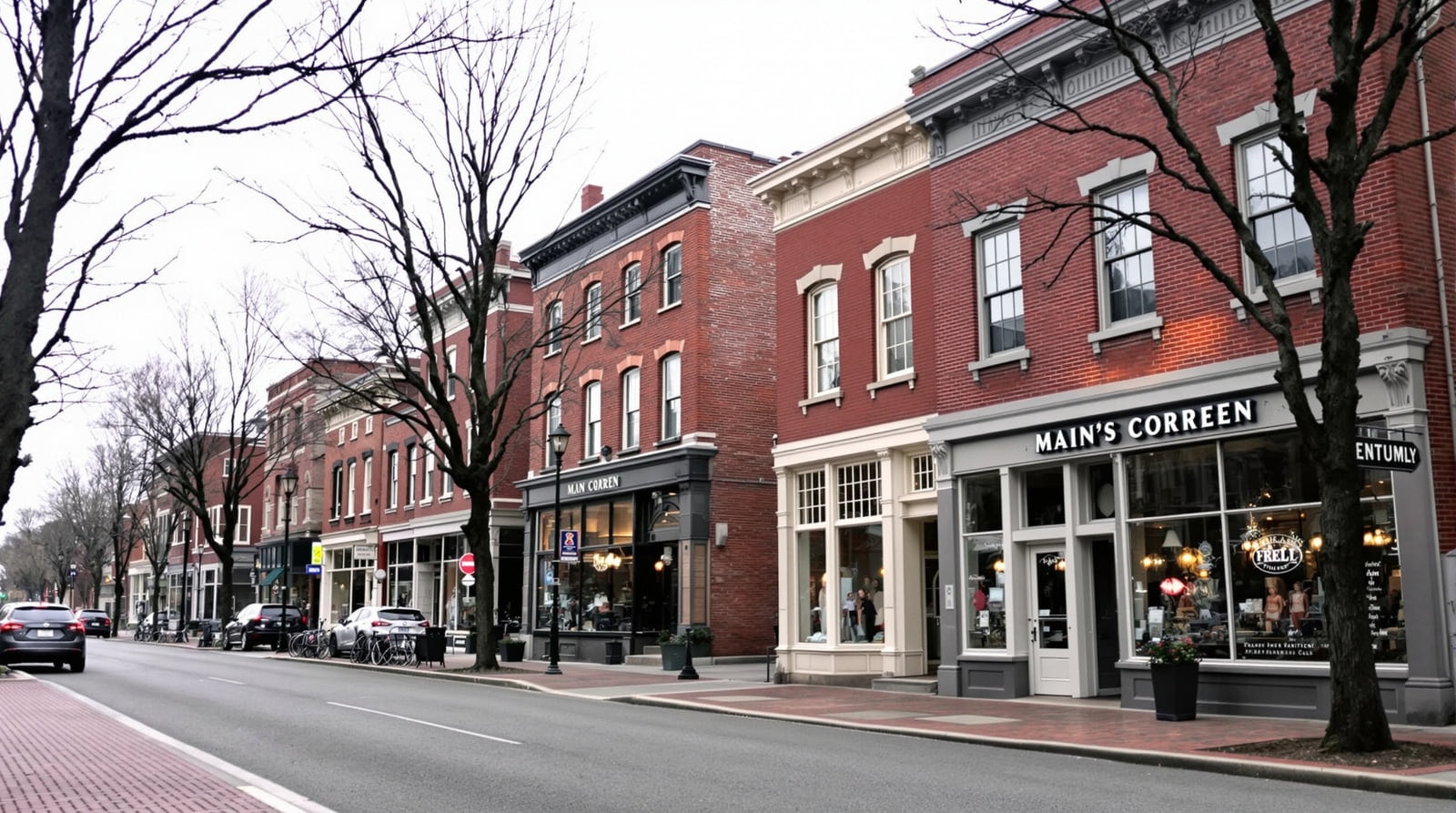 Historic main street of a small New England state capital lined with nineteenth-century brick and granite commercial blocks